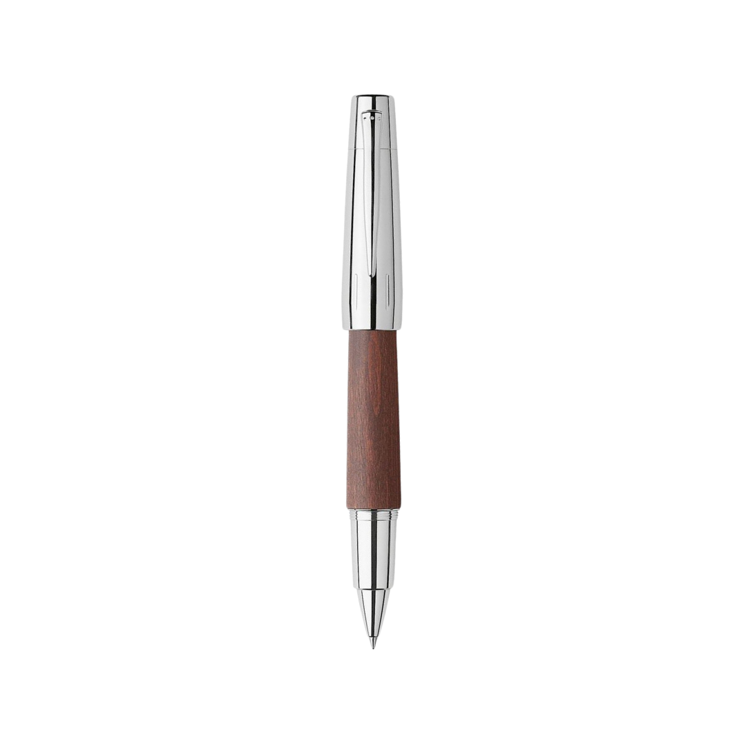 Faber-Castell E-Motion Rollerball Pen Pearwood Dark Brown Chrome Metal — Faber-Castell rollerball pen — fluid gel ink writing instrument, at Cityluxe Singapore