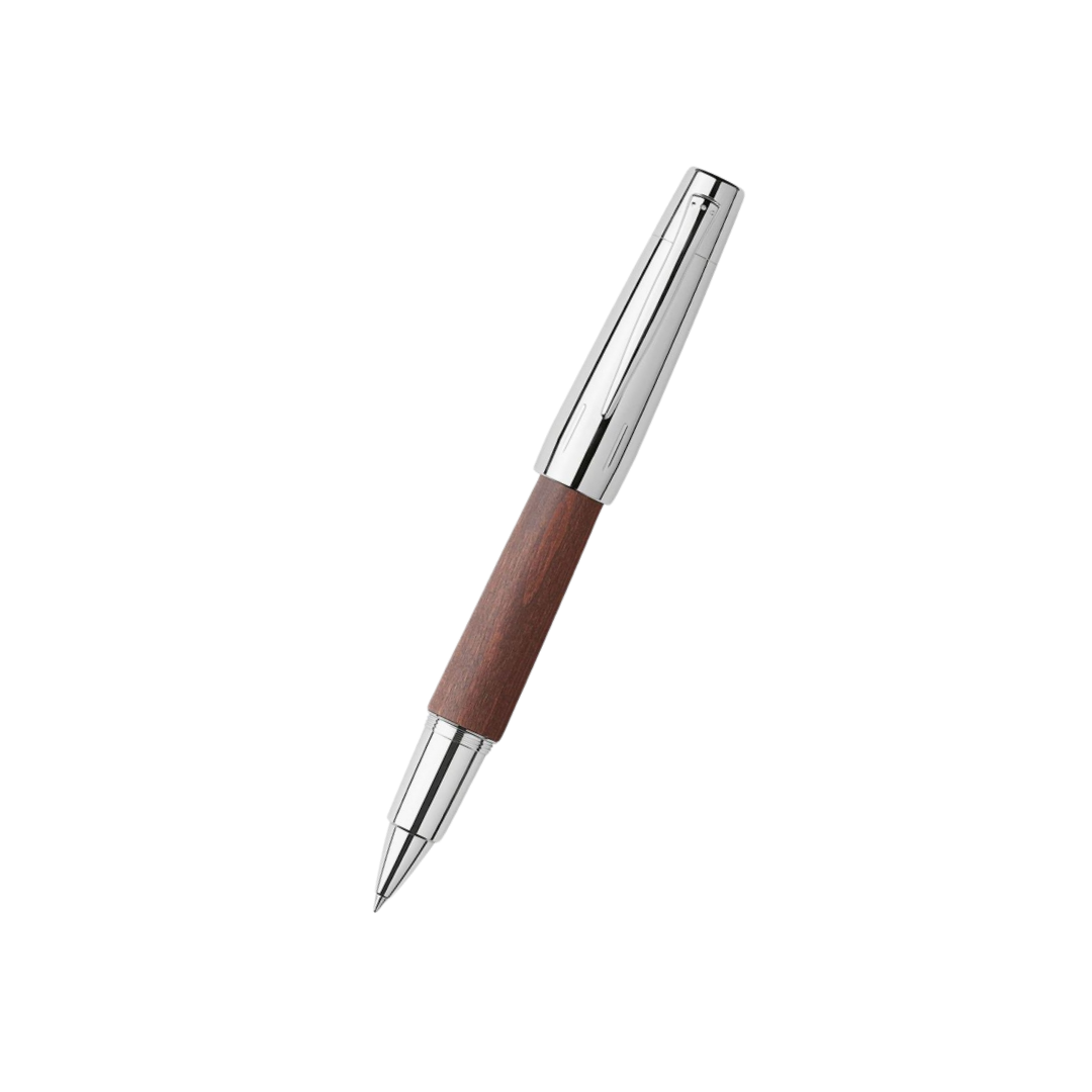 Faber-Castell E-Motion Rollerball Pen Pearwood Dark Brown Chrome Metal — Faber-Castell rollerball pen — fluid gel ink writing instrument, at Cityluxe Singapore