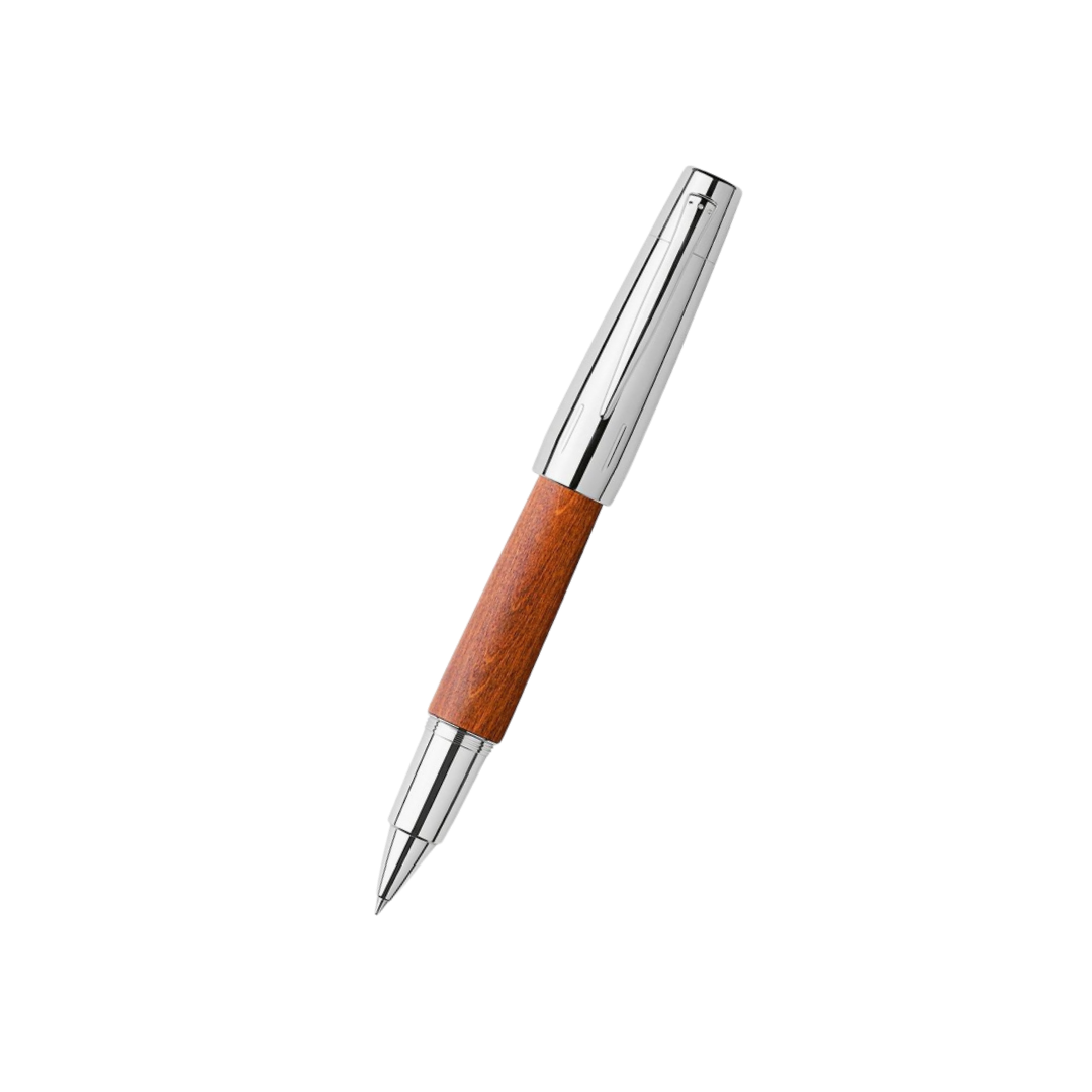 Faber-Castell E-Motion Rollerball Pen Pearwood Brown Chrome Metal — Faber-Castell rollerball pen — fluid gel ink writing instrument, at Cityluxe Singapore
