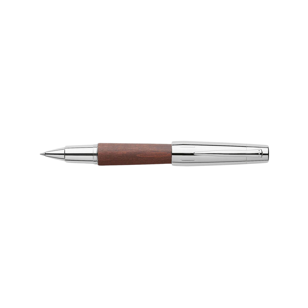 Faber-Castell E-Motion Rollerball Pen Pearwood Dark Brown Chrome Metal — Faber-Castell rollerball pen — fluid gel ink writing instrument, at Cityluxe Singapore