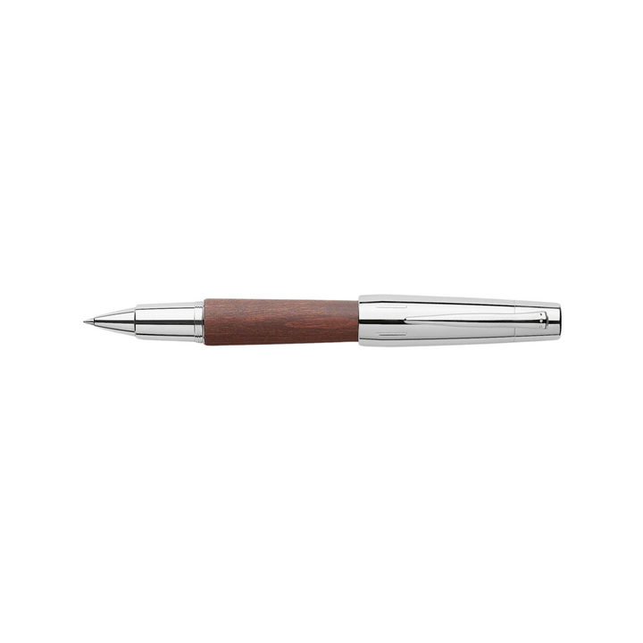 Faber-Castell E-Motion Rollerball Pen Pearwood Dark Brown Chrome Metal — Faber-Castell rollerball pen — fluid gel ink writing instrument, at Cityluxe Singapore