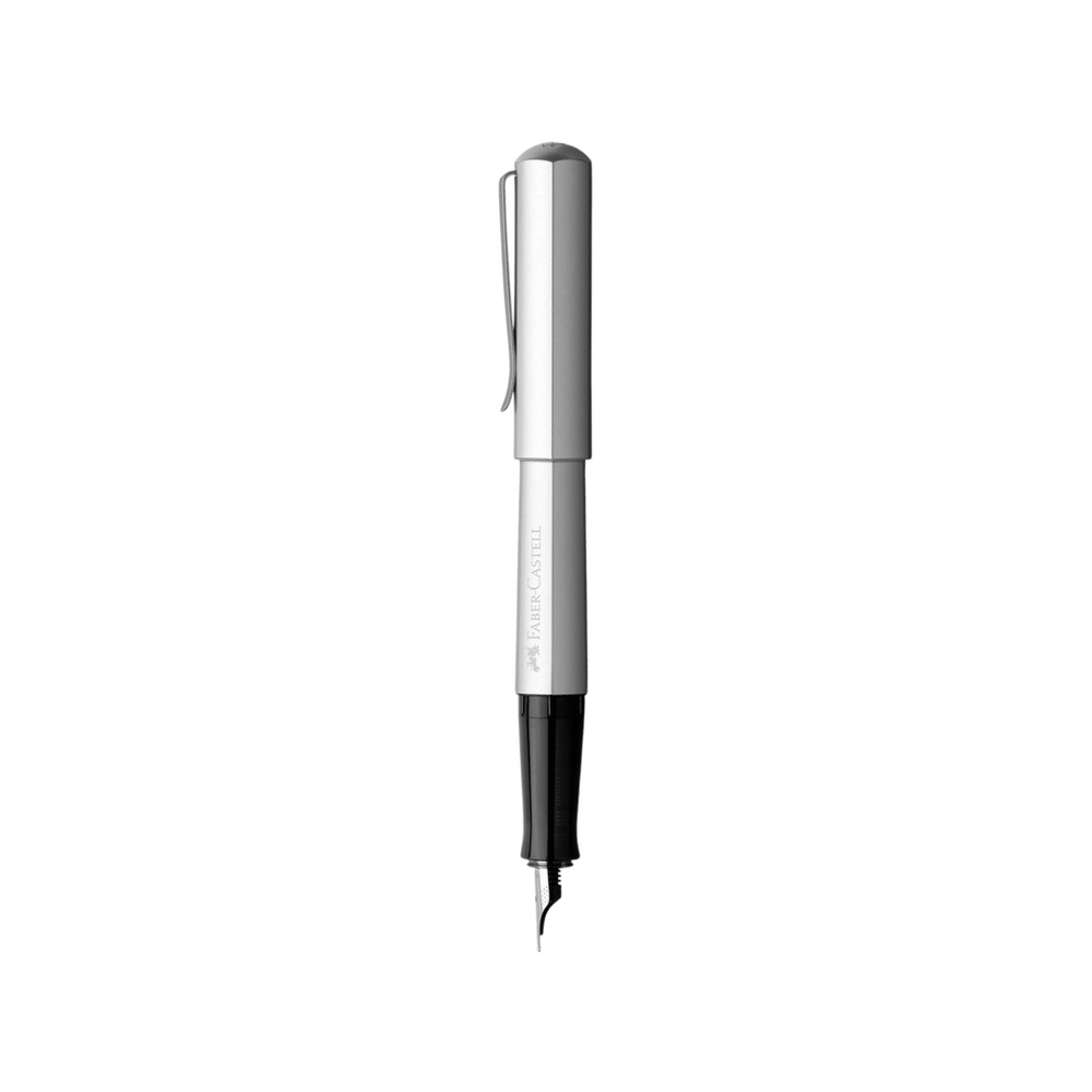 Faber-Castell Hexo Fountain Pen - Silver — uncapped with cap posted