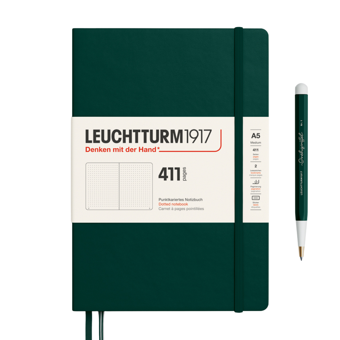 Leuchtturm1917 A5 Medium Hardcover Notebook (Thick, 411 Pages) in Dotted / Forest Green — Leuchtturm1917 notebook — quality writing journal with premium paper, at Cityluxe Singapore stationery store