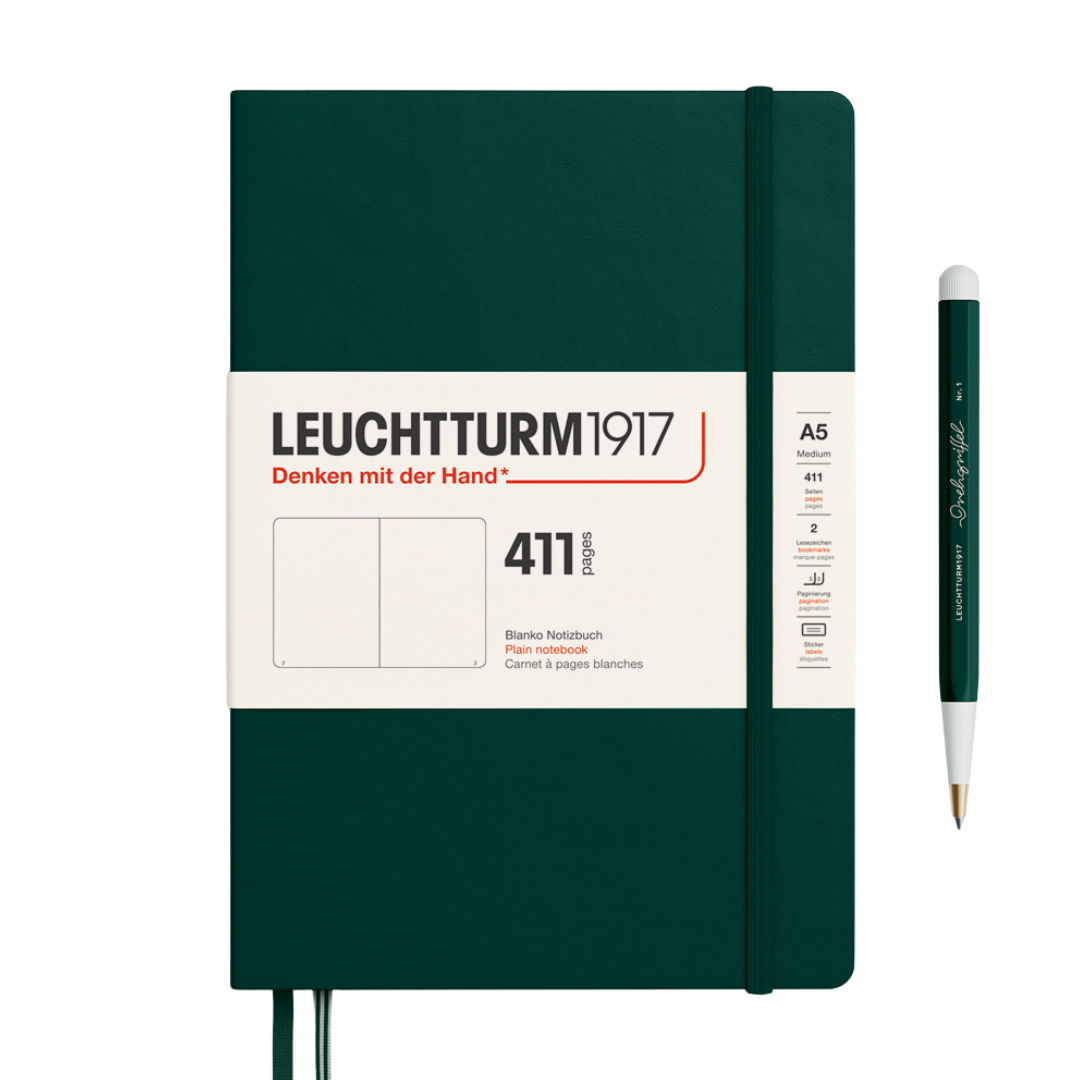 Leuchtturm1917 A5 Medium Hardcover Notebook (Thick, 411 Pages) - Plain / Forest Green — front cover