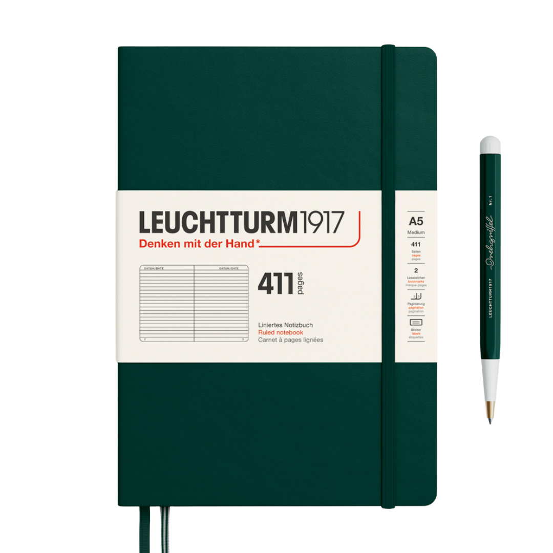 Leuchtturm1917 A5 Medium Hardcover Notebook (Thick, 411 Pages) in Ruled / Forest Green — Leuchtturm1917 notebook — quality writing journal with premium paper, at Cityluxe Singapore stationery store