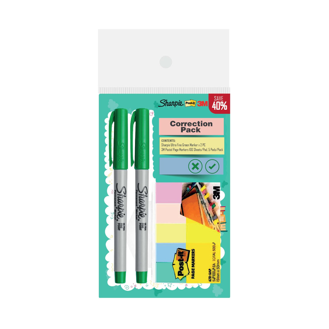 Sharpie Ultra Fine Green Marker 2s & Post-it Page Marker 5 Pads 15mm x 50mm | Sharpie X 3M Correction Pack | — front view