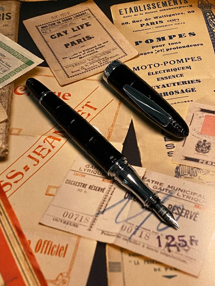 Luxo Limited Edition Leather Fountain Pen - Black (Fine Nib) — uncapped with cap posted