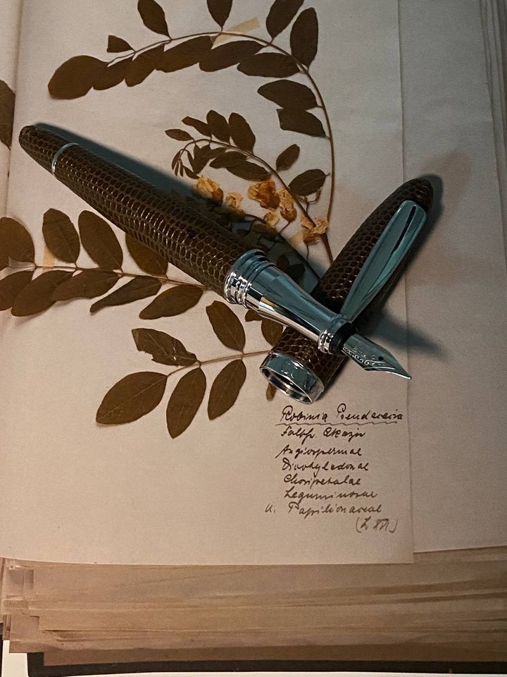 Luxo Limited Edition Leather Fountain Pen - Brown (Fine Nib) — uncapped with cap posted