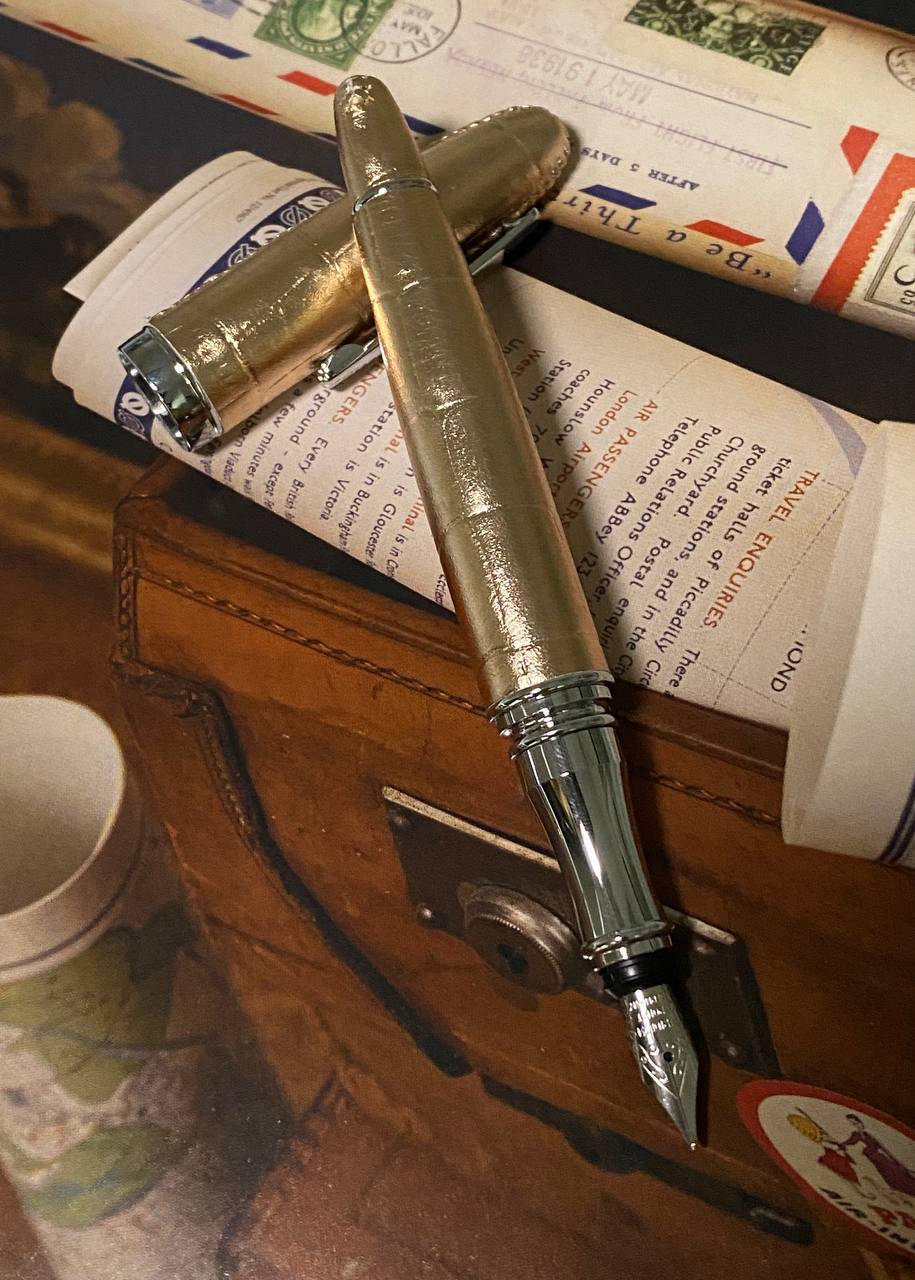 Luxo Limited Edition Leather Fountain Pen - Rose Gold (Fine Nib) — uncapped with cap posted