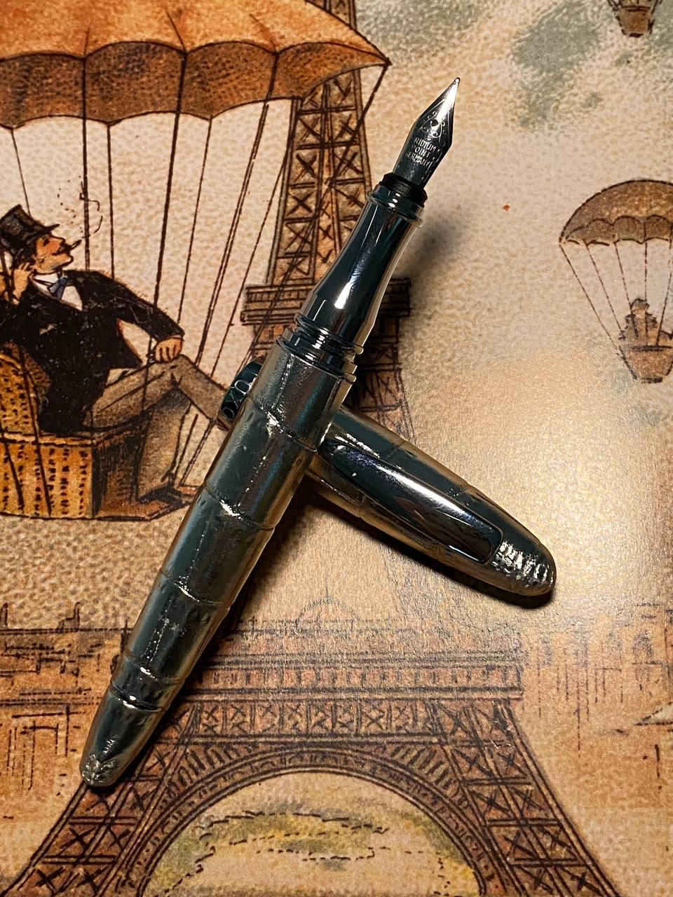 Luxo Limited Edition Leather Fountain Pen - Silver (Fine Nib) — uncapped with cap posted