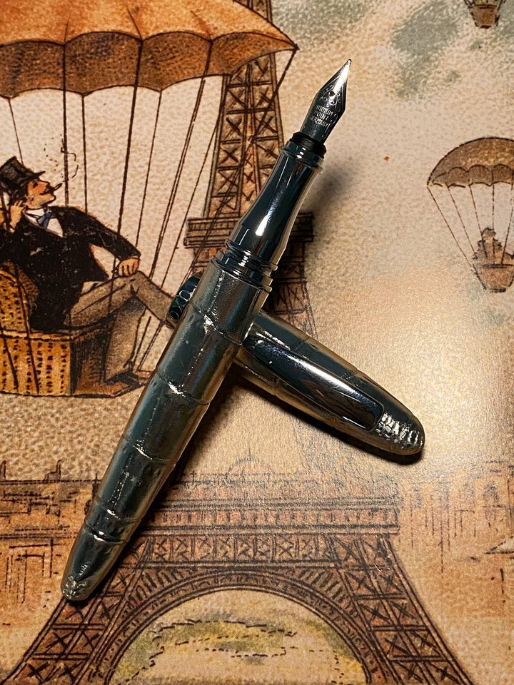 Luxo Limited Edition Leather Fountain Pen - Silver (Fine Nib) — uncapped with cap posted