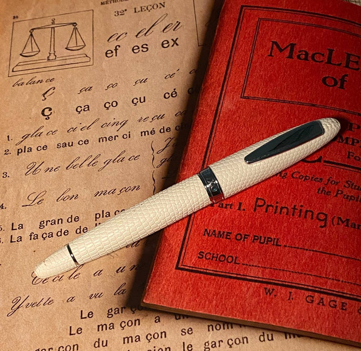 Luxo Limited Edition Leather Fountain Pen - Ivory (Fine Nib) — writing at an angle