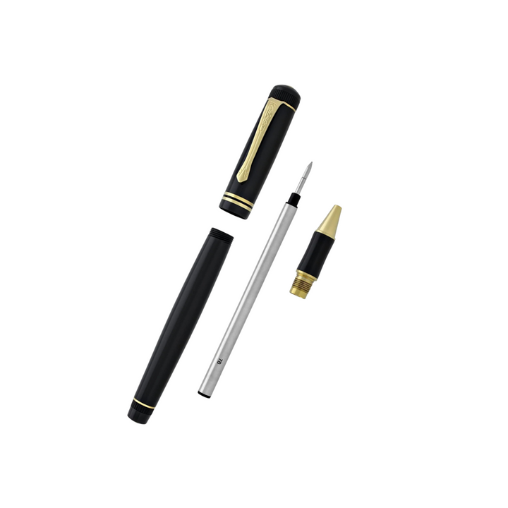 Kaweco DIA2 Rollerball Pen - Black with Gold Trim — writing at an angle