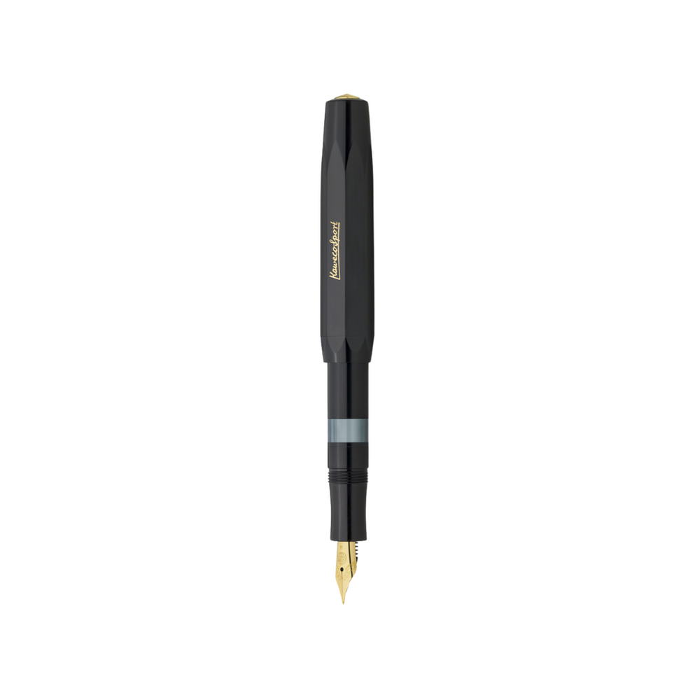 Kaweco Piston Sport Classic Fountain Pen - Black with Gold Nib — uncapped with cap posted