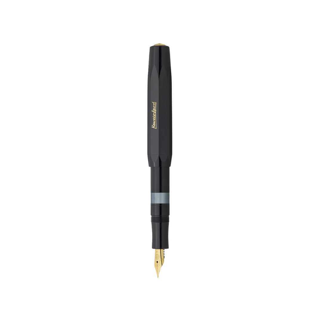 Kaweco Piston Sport Classic Fountain Pen - Black with Gold Nib — uncapped with cap posted