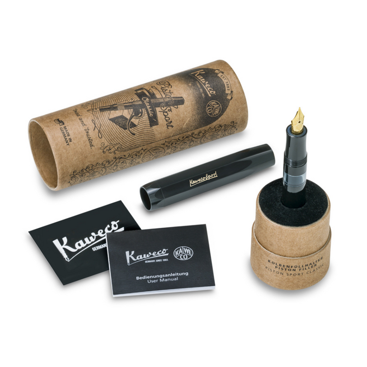 Kaweco Piston Sport Classic Fountain Pen - Black with Gold Nib — writing at an angle