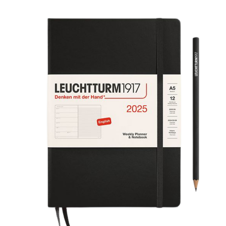Leuchtturm1917 A5 Medium Hardcover Weekly Planner &amp; Notebook 2025 - Black — front view
