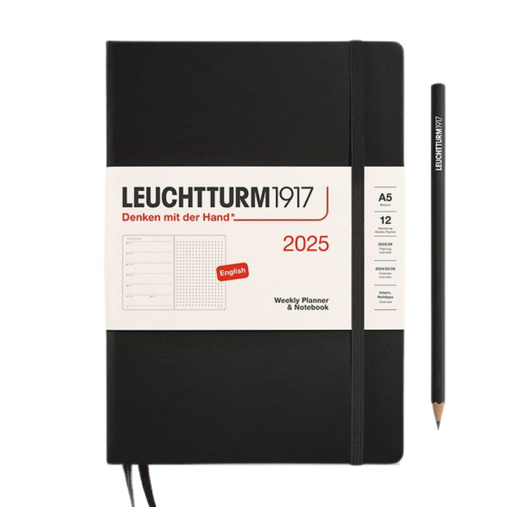 Leuchtturm1917 A5 Medium Hardcover Weekly Planner &amp; Notebook 2025 - Dotted / Black — front view