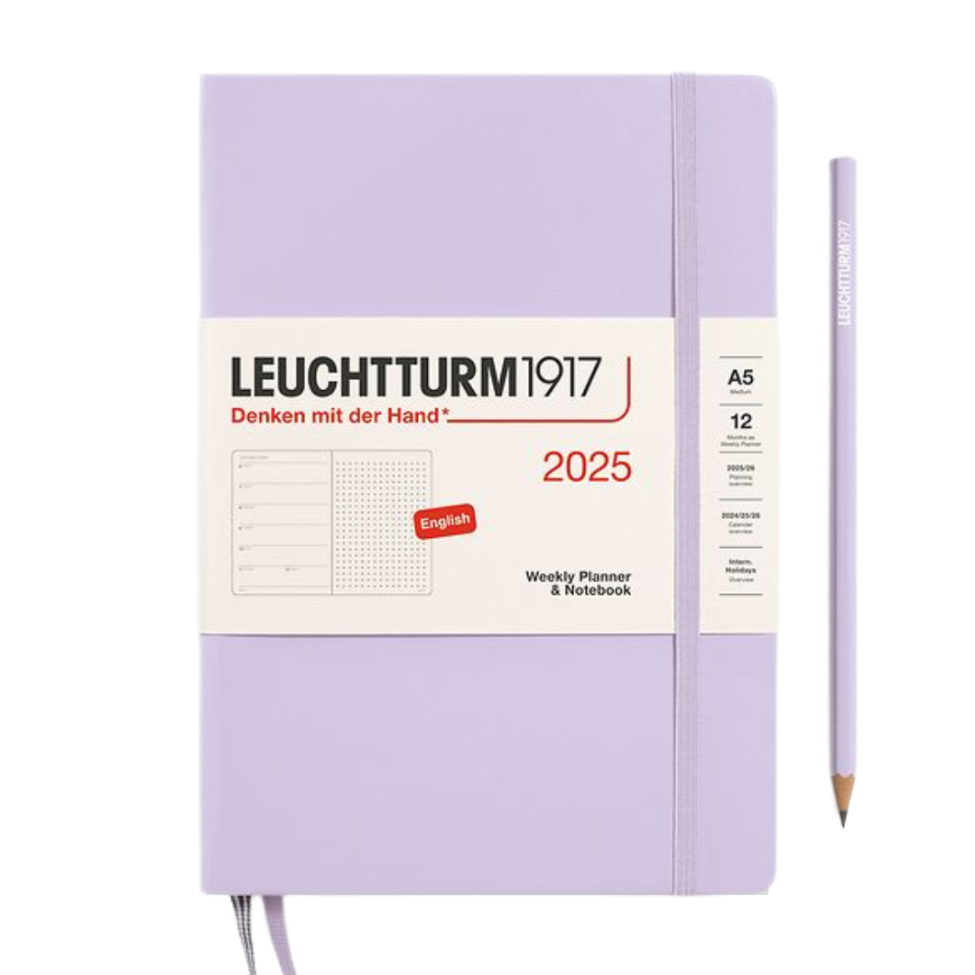 Leuchtturm1917 A5 Medium Hardcover Weekly Planner & Notebook 2025 - Dotted / Lilac — front view