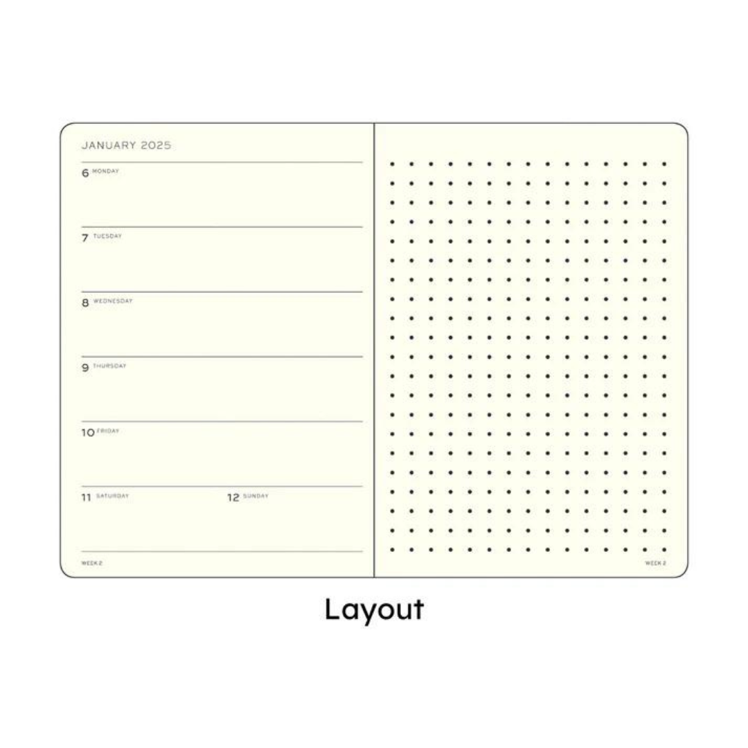 Leuchtturm1917 A5 Medium Hardcover Weekly Planner &amp; Notebook 2025 - Dotted / Lilac — angle view