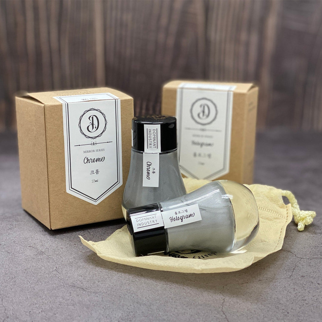 Dominant Industry Mirror 25ml Ink Bottle (for Dip Pen) - Chrome — label detail