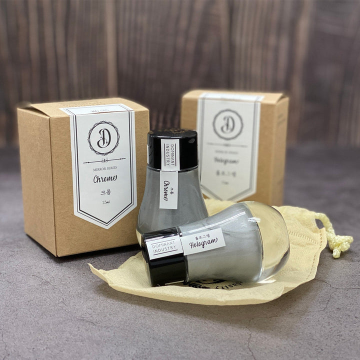 Dominant Industry Mirror 25ml Ink Bottle (for Dip Pen) - Chrome — label detail