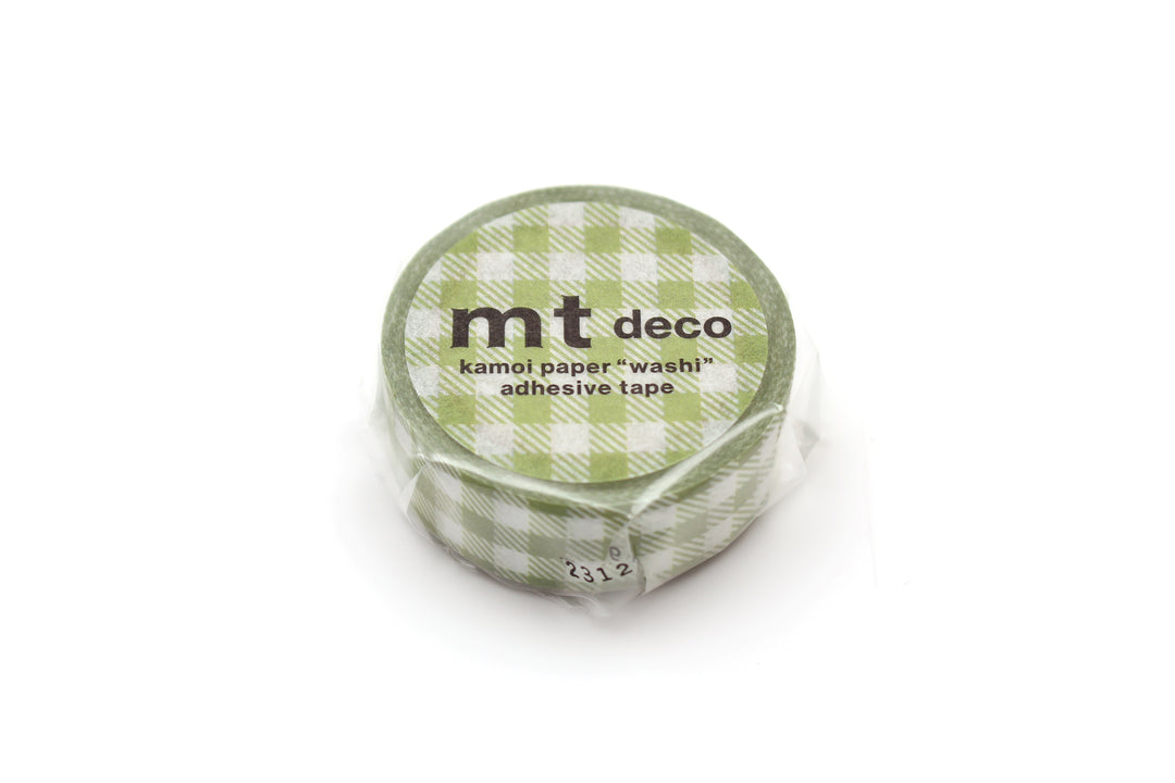 MT Deco Washi Tape - Stripe Checkered Light Moss Green — applied on surface