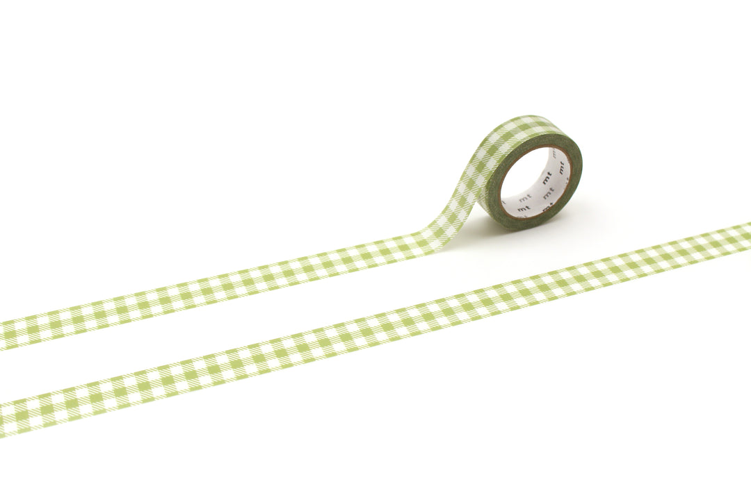 MT Deco Washi Tape - Stripe Checkered Light Moss Green — roll front
