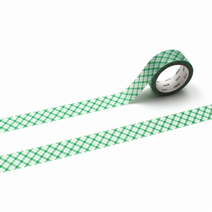 MT 1P Kamoi Washi Tape - Overlapped Wide Gingham Green — roll front
