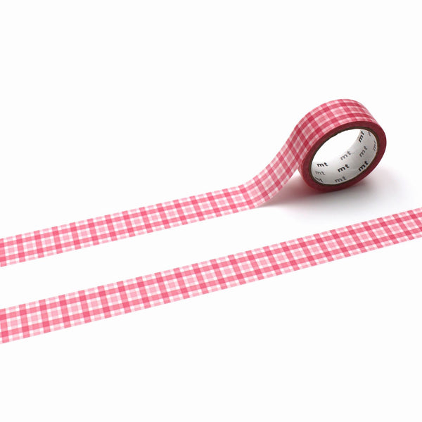 MT 1P Kamoi Washi Tape - Overlapped Wide Gingham Pink — roll front