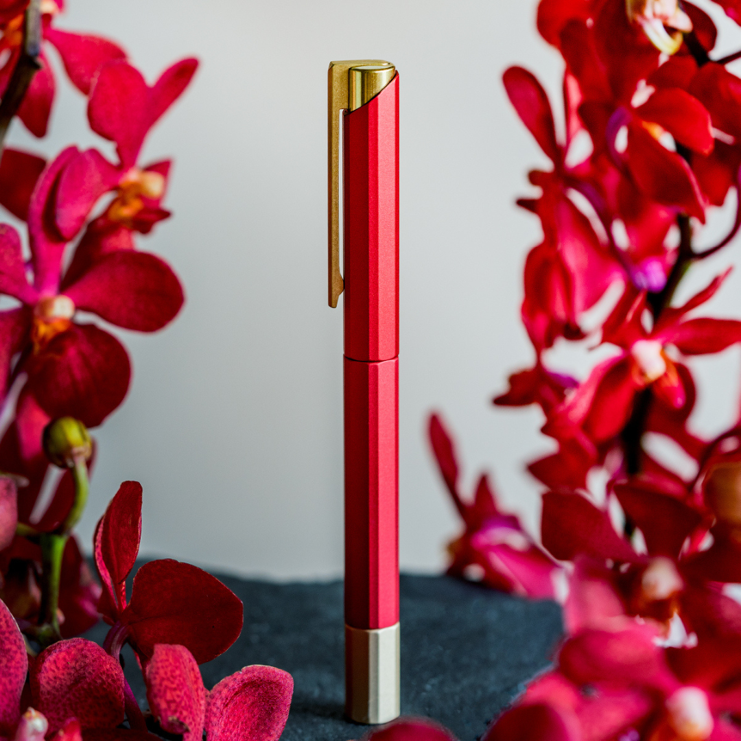 Ystudio Glamour Evolve-Bihex Rollerball Pen Marsala — Ystudio rollerball pen — fluid gel ink writing instrument, at Cityluxe Singapore
