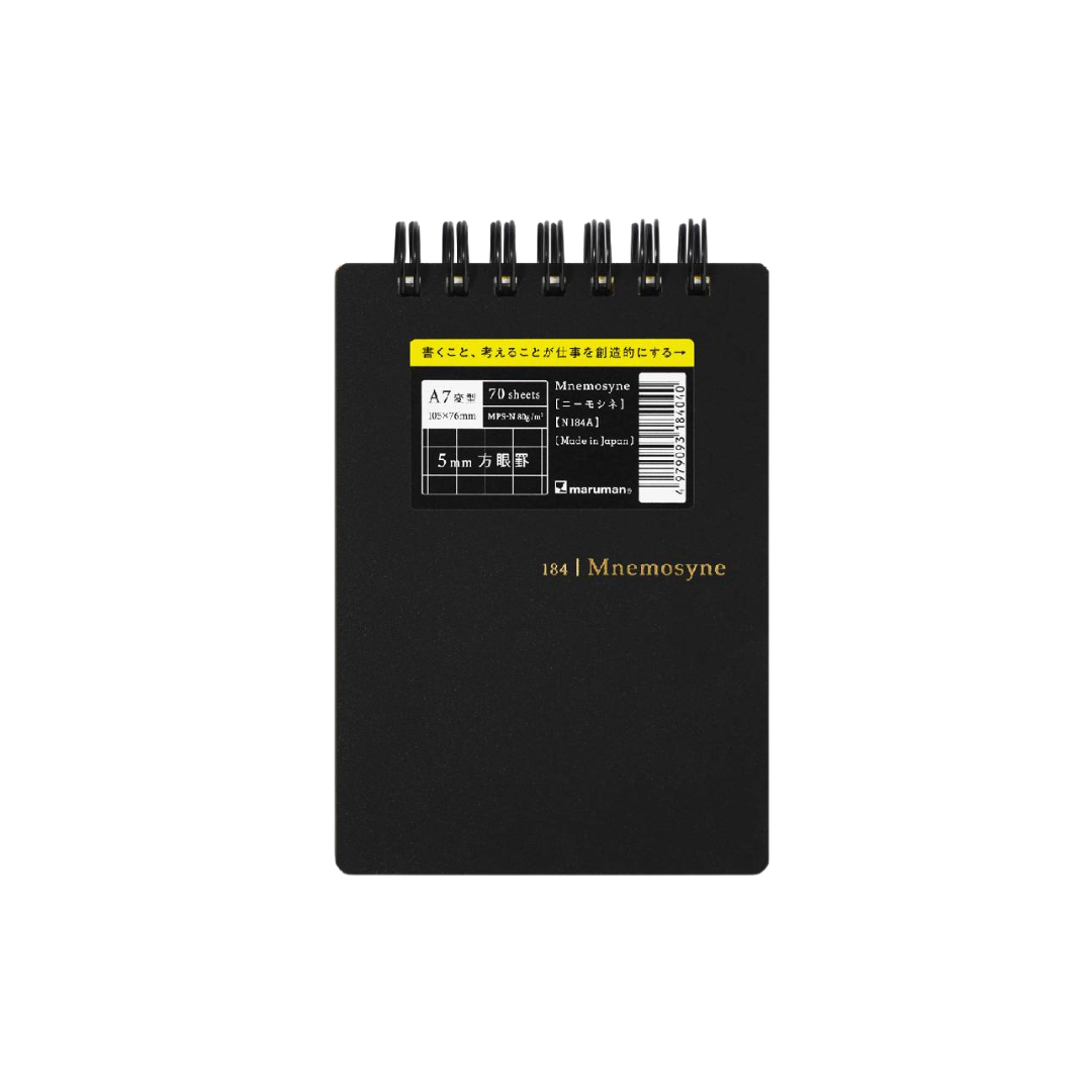 Maruman Mnemosyne A7 Twin Ring Memo Pad - Graph (Black) — with packaging