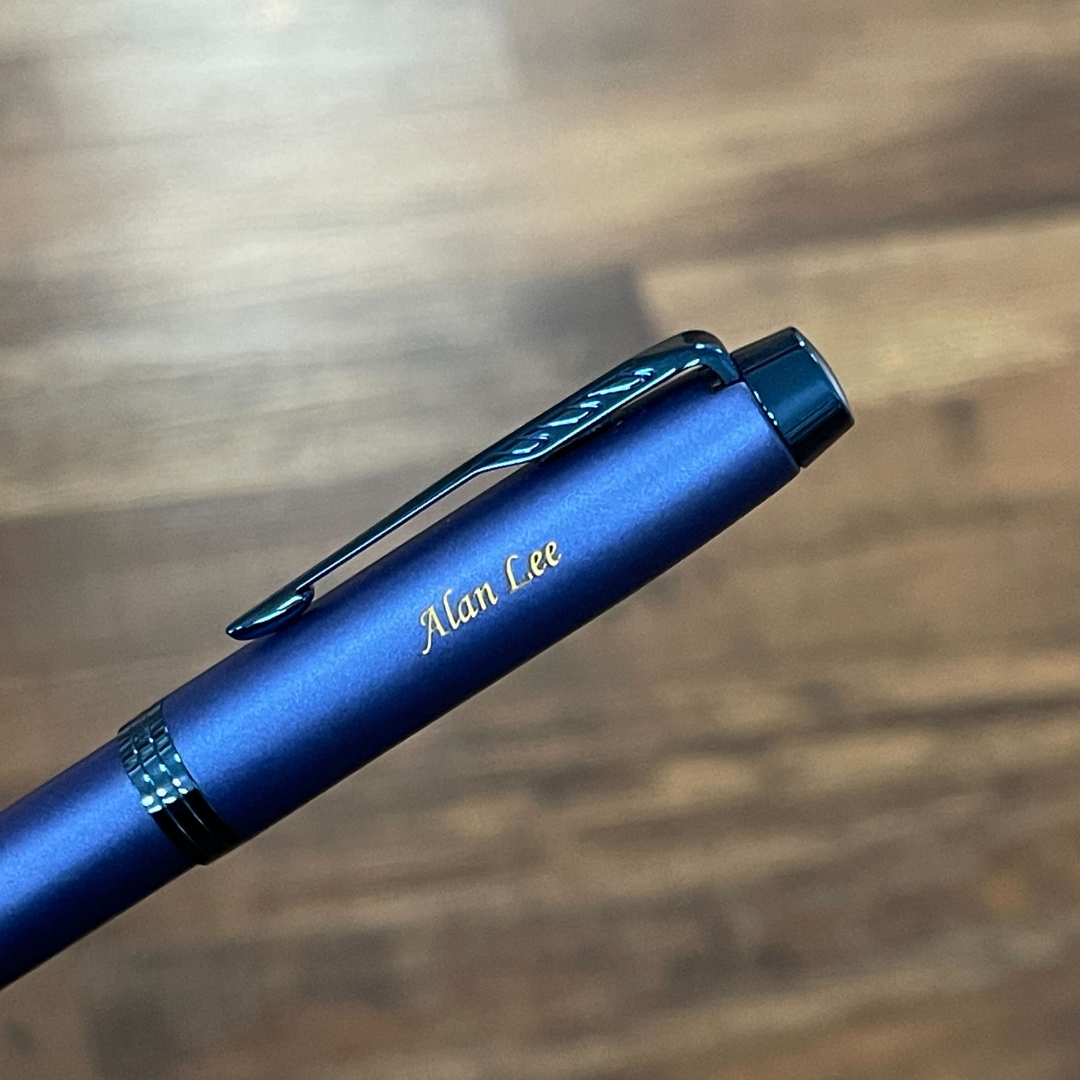 Parker IM Monochrome Blue Rollerball Pen with Leather Key Hook Set — angle view