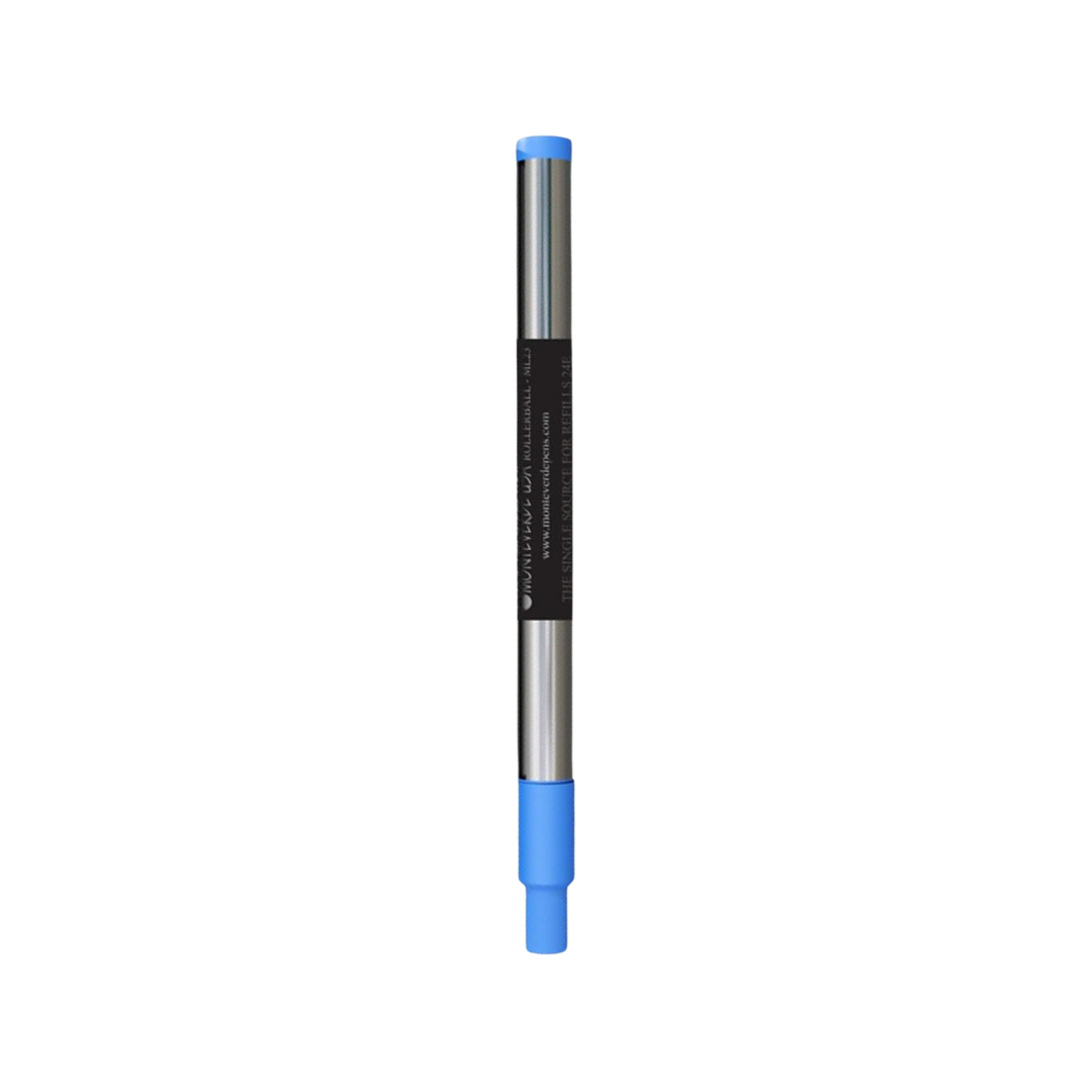 Monteverde Rollerball Pen Refill For Montblanc LeGrand 2 Pack Blister - Medium Point Blue Ink — uncapped with cap posted