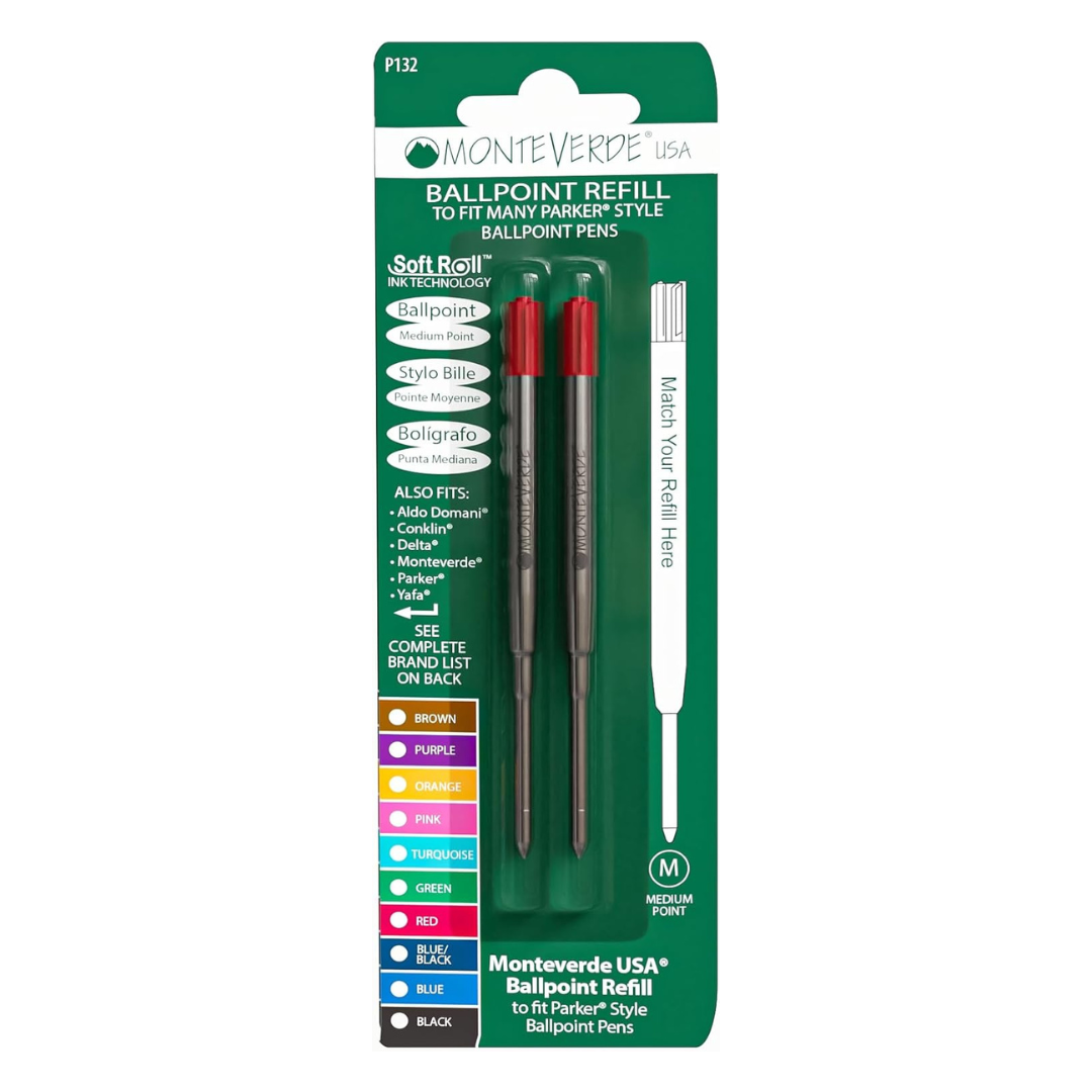 Monteverde Soft Roll Ballpoint Refill To Fit Parker Ballpoint Pen (Pack of 2) - Red / Medium — writing at an angle