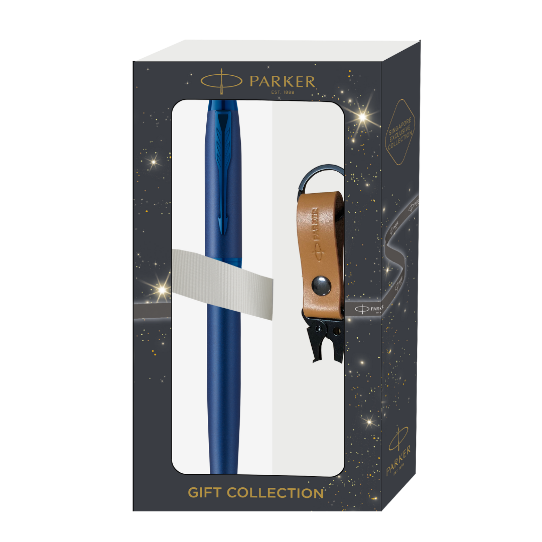 Parker IM Monochrome Blue Rollerball Pen with Leather Key Hook Set — front view