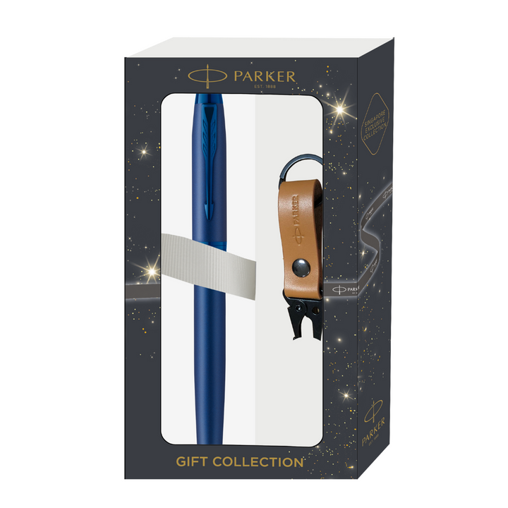 Parker IM Monochrome Blue Rollerball Pen with Leather Key Hook Set — front view