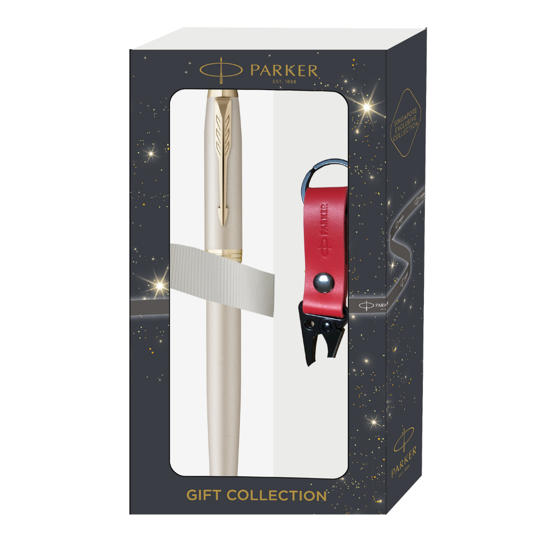 Parker IM Monochrome Champagne GT Rollerball Pen with Leather Key Hook Gift Set — Parker gift set — curated stationery gift bundle, from Cityluxe Singapore