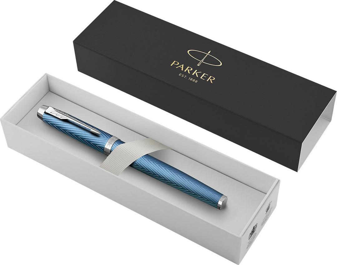 Parker IM Premium Fountain Pen in Blue Grey with Chrome Trims — Parker fountain pen — precision nib writing instrument, at Cityluxe Singapore stationery store