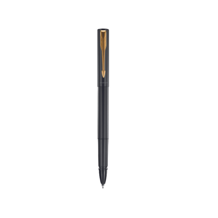 Parker Vector XL Rollerball Pen - Black with Gold Trim — uncapped with cap posted