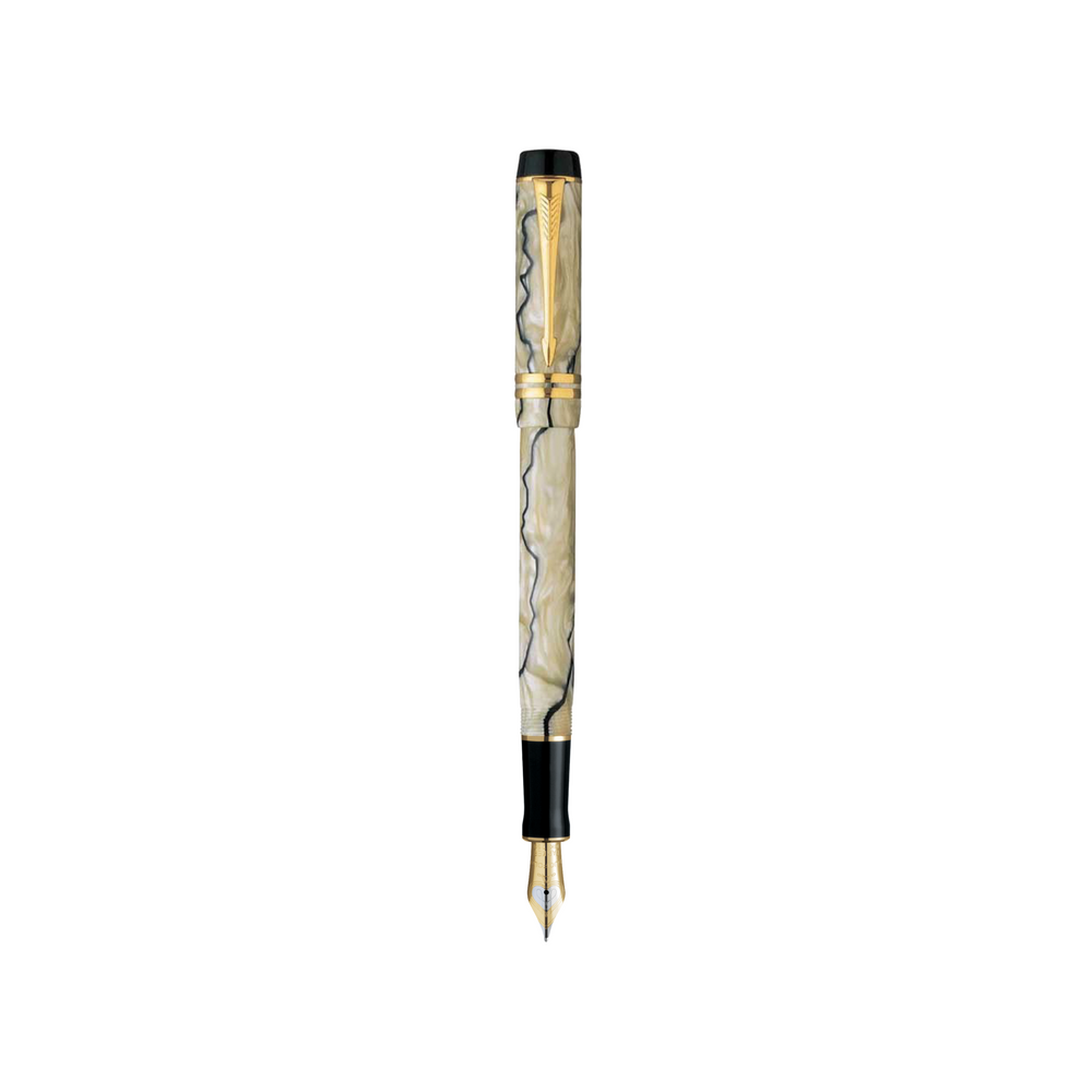 Parker Duofold Demi Pearl Black PT Fountain Pen - Medium Nib — uncapped with cap posted