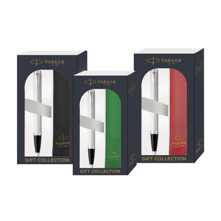 Parker IM Ballpoint Pen Gift Set in White Chrome Trim with Pen Sleeve — Parker ballpoint pen — reliable smooth-writing everyday pen, at Cityluxe Singapore