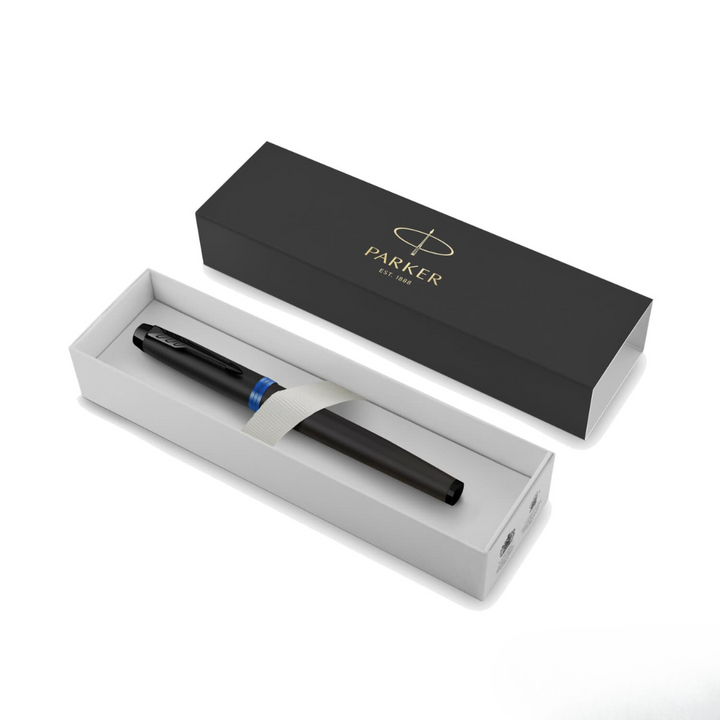 Parker IM PROFESSIONAL Vibrant Ring BT Rollerball Pen Marine Blue — flat lay