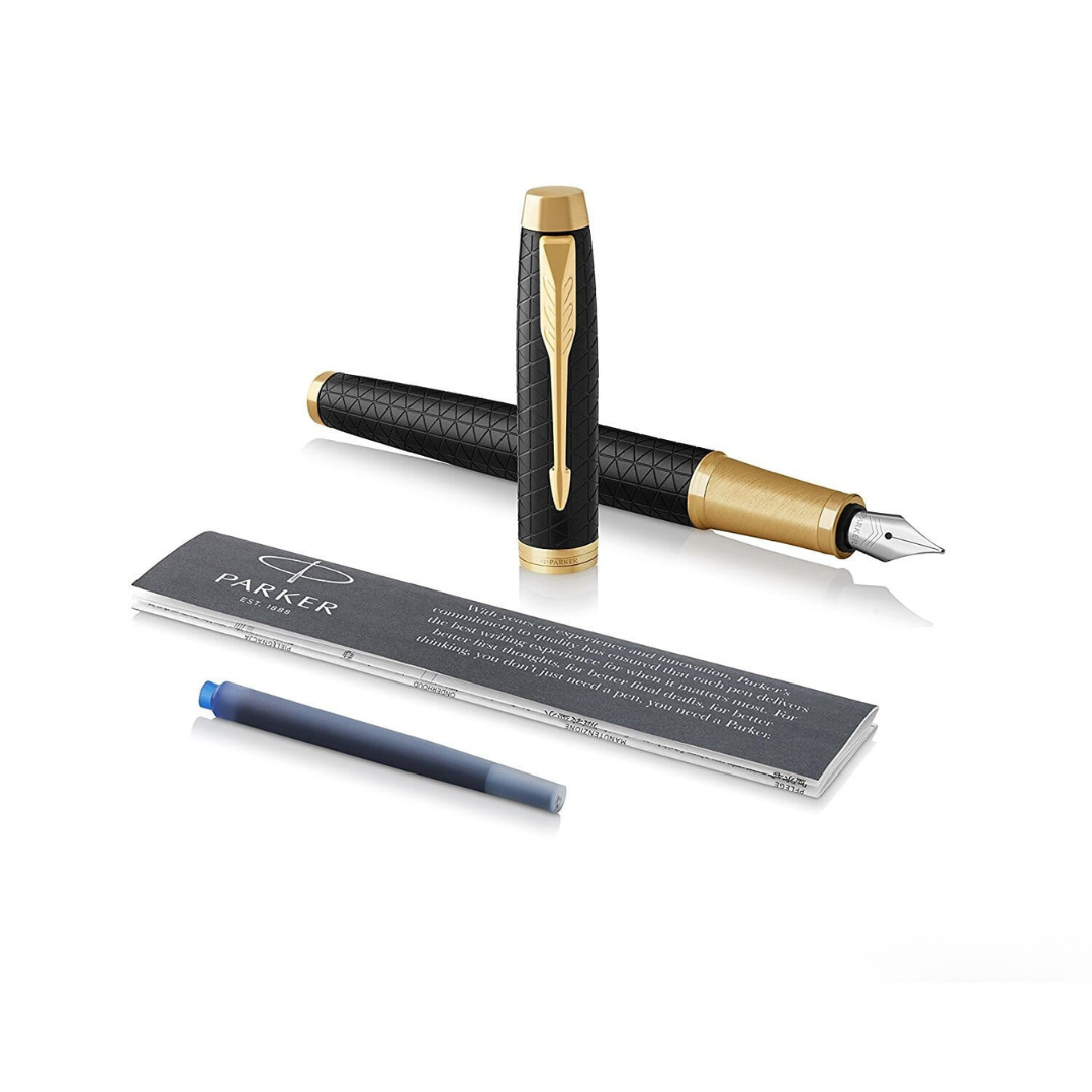 Parker IM Premium Fountain Pen - Black with Gold Trims — flat lay