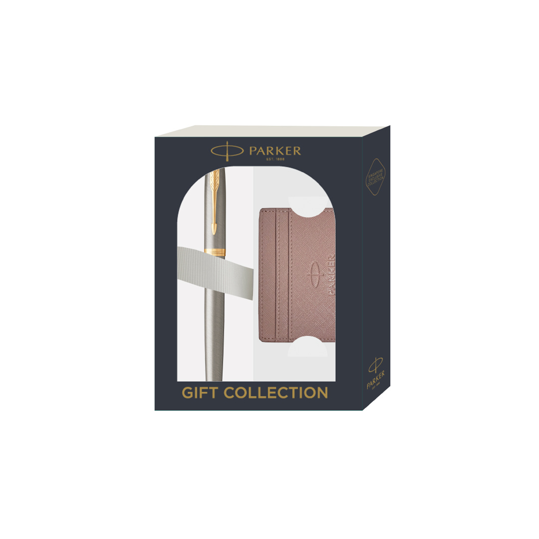 Parker IM Rollerball Pen Gift Set - Brushed Metal with Gold Trim with Mauve Card Holder — Parker rollerball pen — fluid gel ink writing instrument, at Cityluxe Singapore