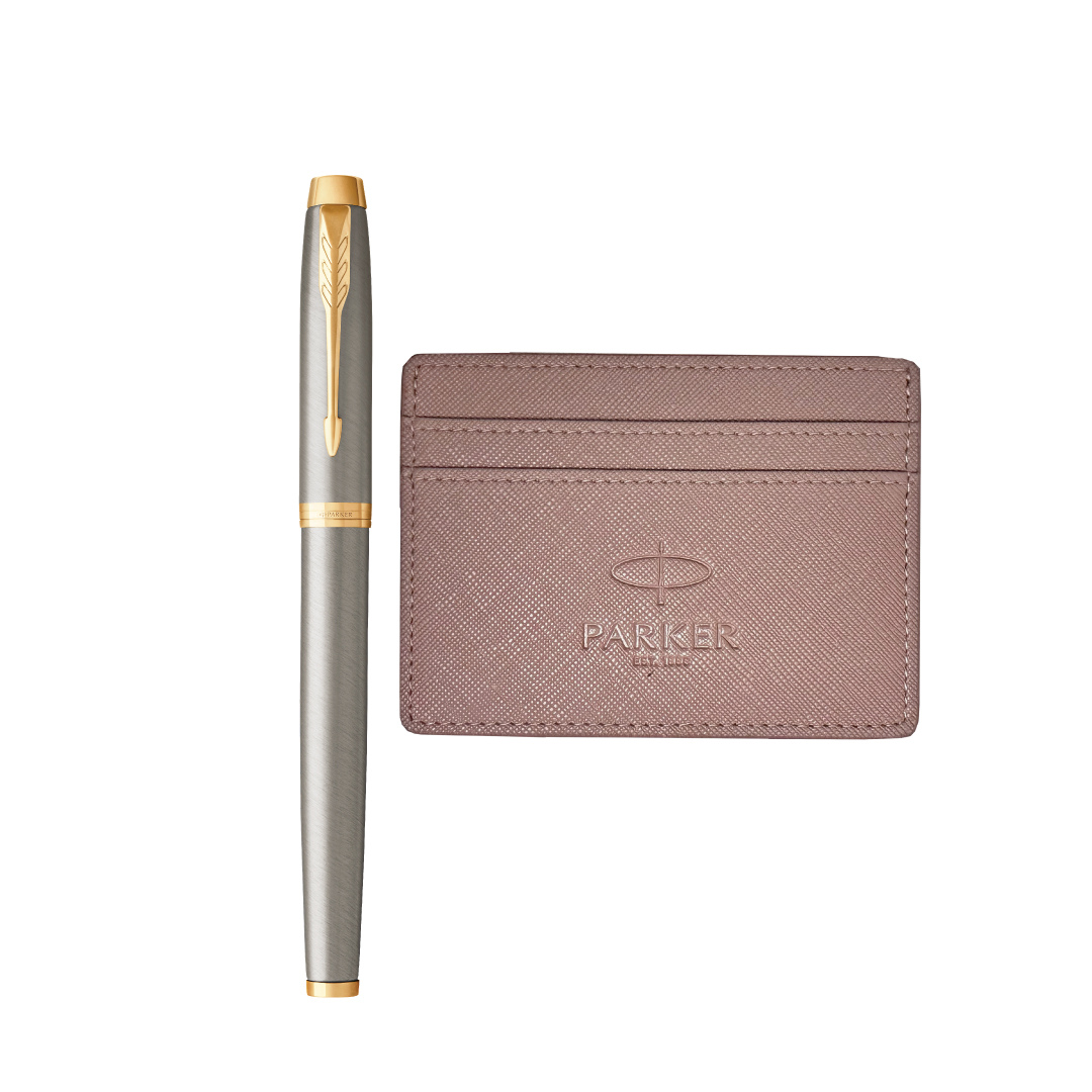 Parker IM Rollerball Pen Gift Set - Brushed Metal with Gold Trim with Mauve Card Holder — Parker rollerball pen — fluid gel ink writing instrument, at Cityluxe Singapore