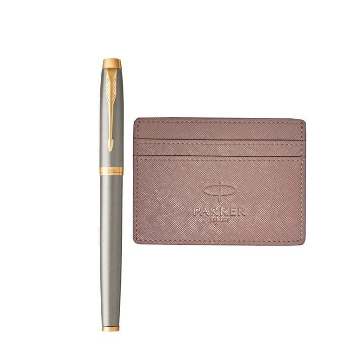 Parker IM Rollerball Pen Gift Set - Brushed Metal with Gold Trim with Mauve Card Holder — Parker rollerball pen — fluid gel ink writing instrument, at Cityluxe Singapore