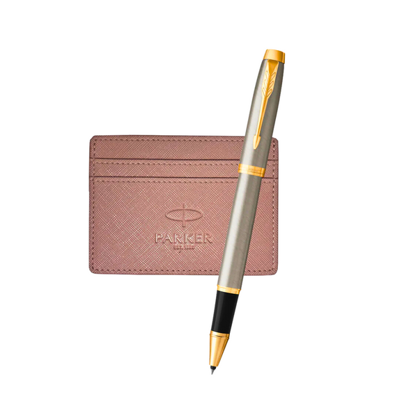 Parker IM Rollerball Pen Gift Set - Brushed Metal with Gold Trim with Mauve Card Holder — Parker rollerball pen — fluid gel ink writing instrument, at Cityluxe Singapore