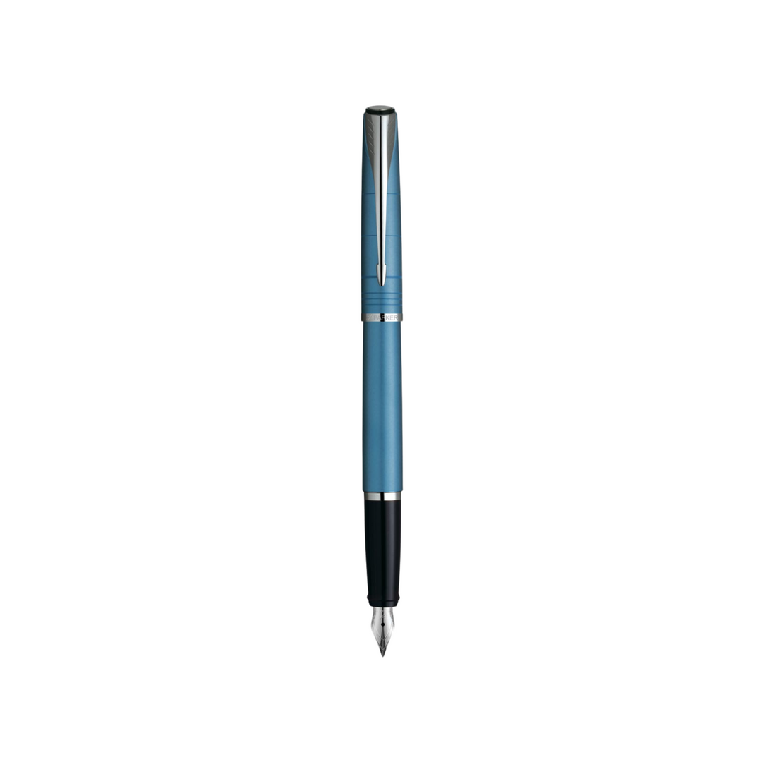Parker Latitude Slate Blue CT Fountain Pen - Medium Nib — uncapped with cap posted
