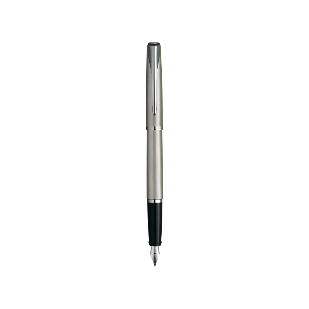 Parker Latitude Stainless Steel CT Silver Nib Fountain Pen - Medium Nib — uncapped with cap posted